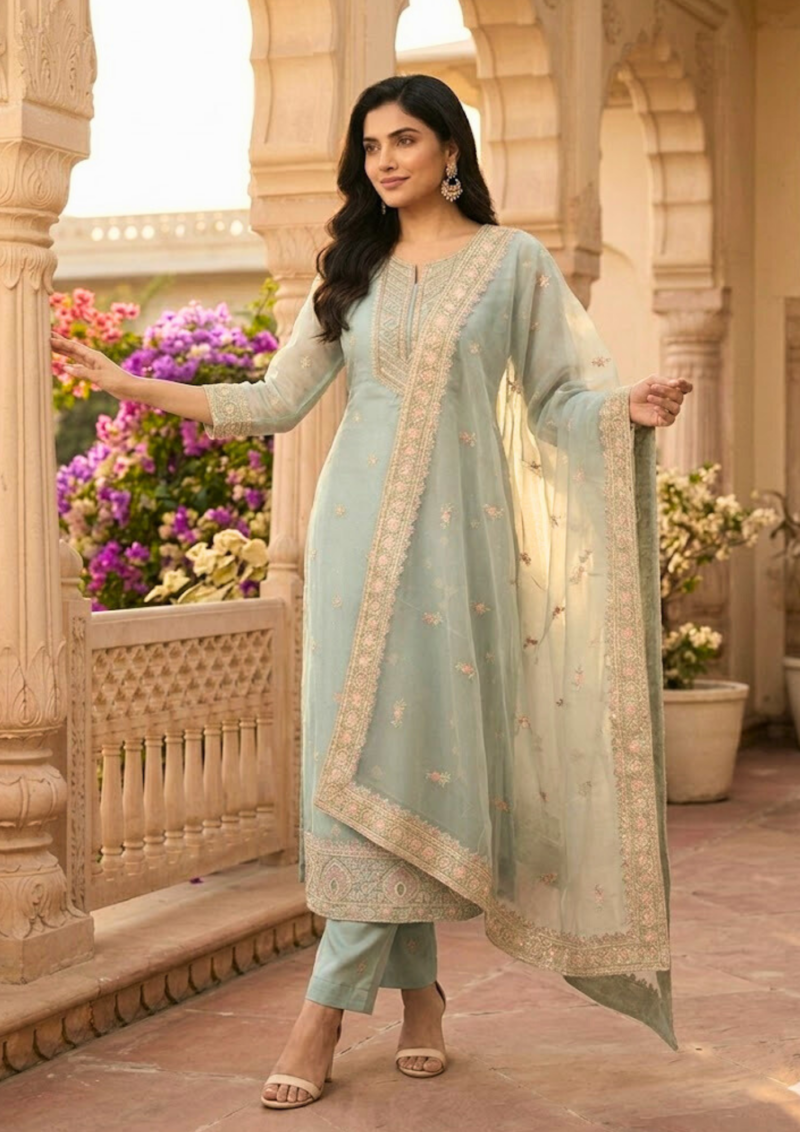 semi stitched sky blue chiffon with delicate embroidery suit material
