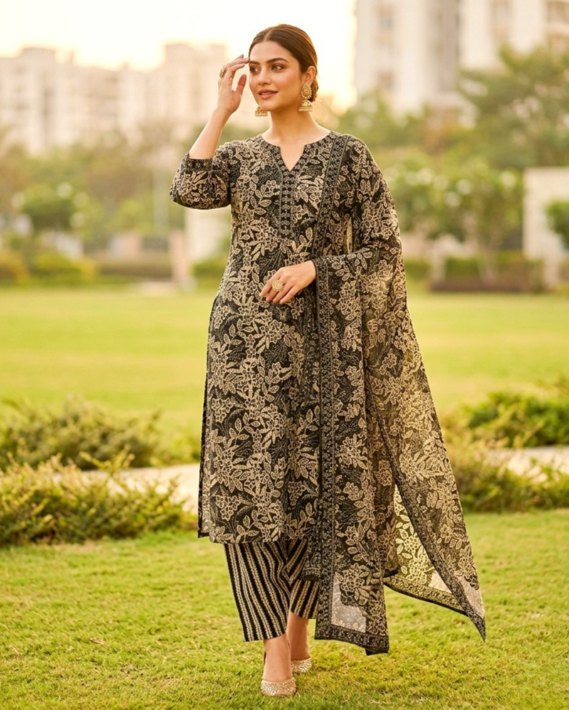 black cotton floral kurta with striped pant paired with matching dupatta