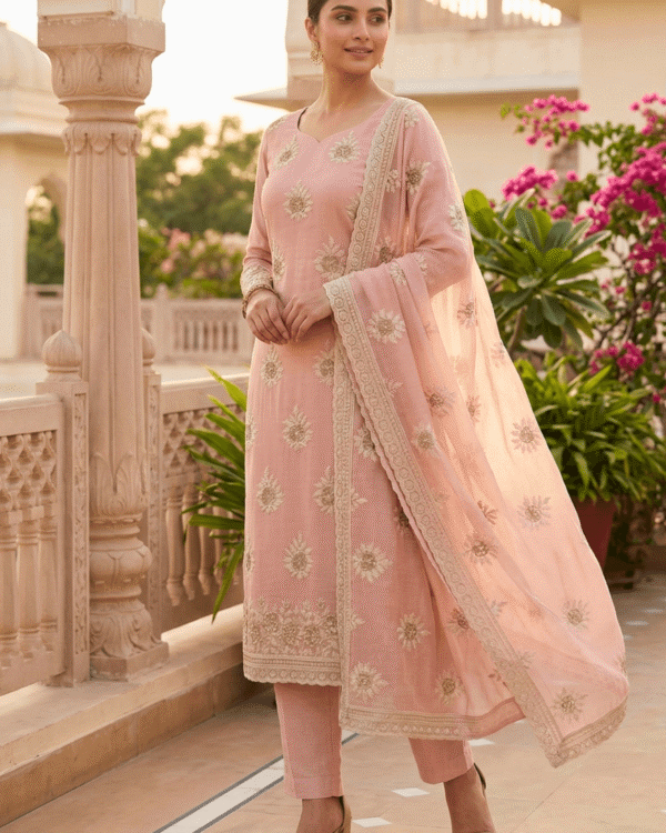 unstitched dusty rose pink organza suit with delicate sequin floral embroidery