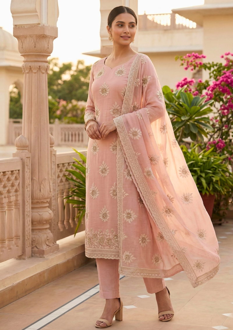 unstitched dusty rose pink organza suit with delicate sequin floral embroidery