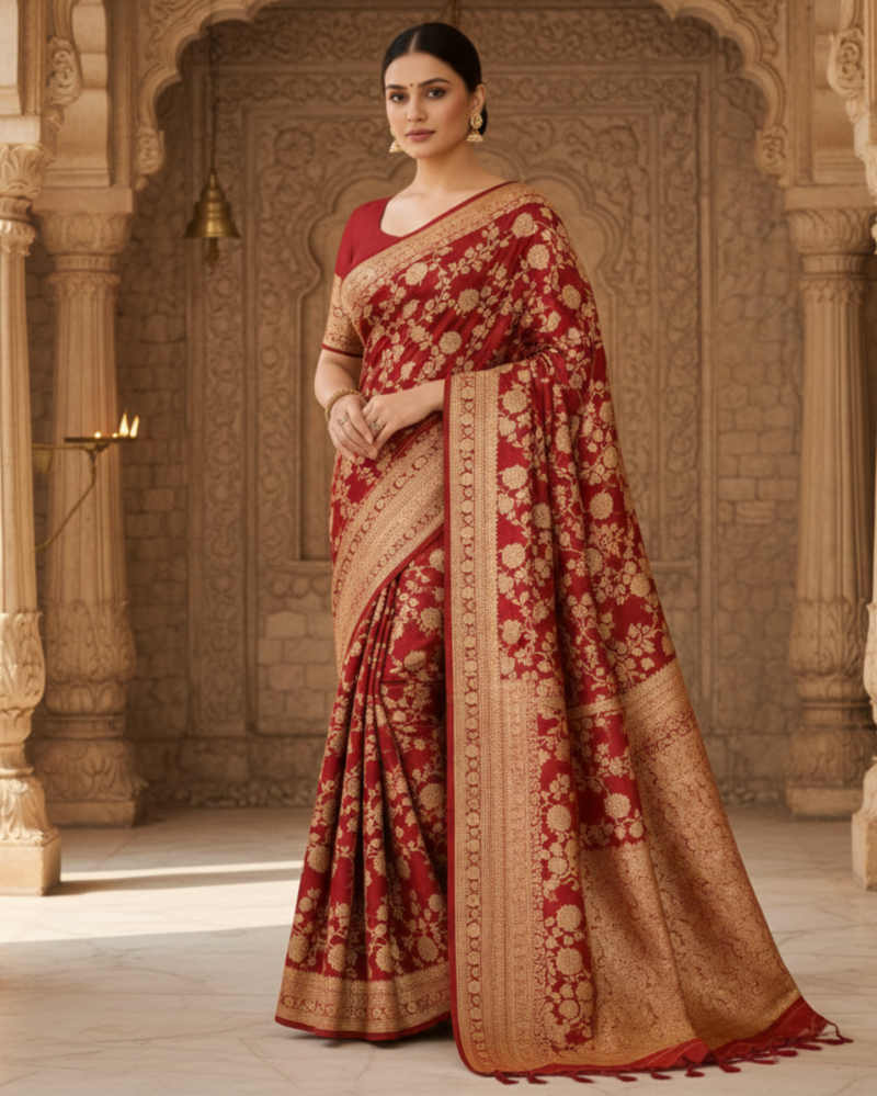 rich golden zari embroidered deep maroon banarasi silk