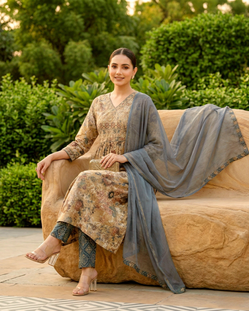 olive beige cotton blend floral kurta set with grey dupatta