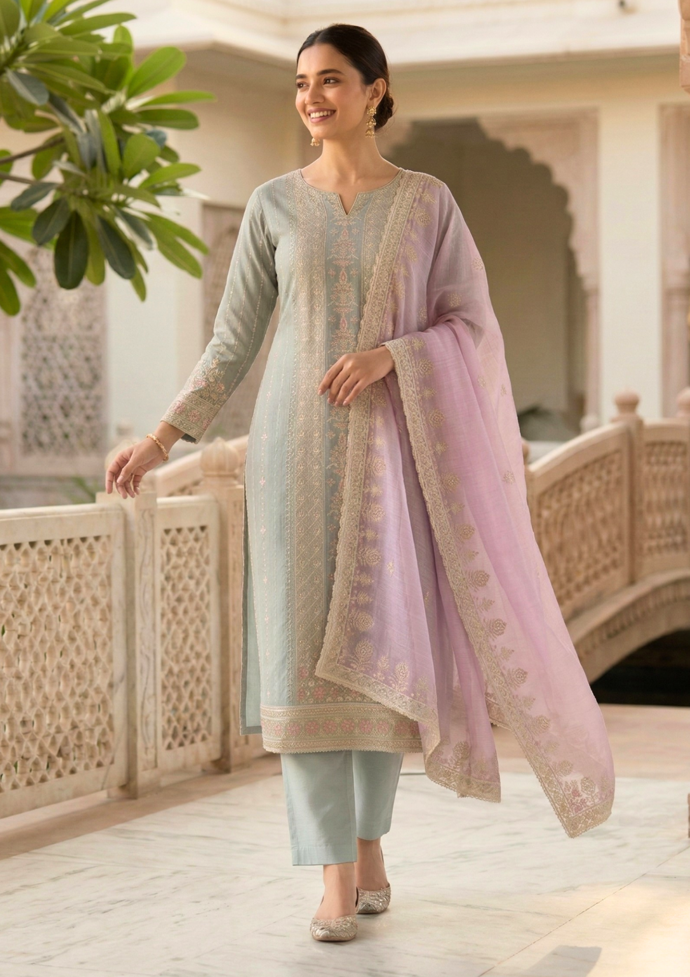 unstitched blush pink organza suit with ivory gold floral embroidery suit material