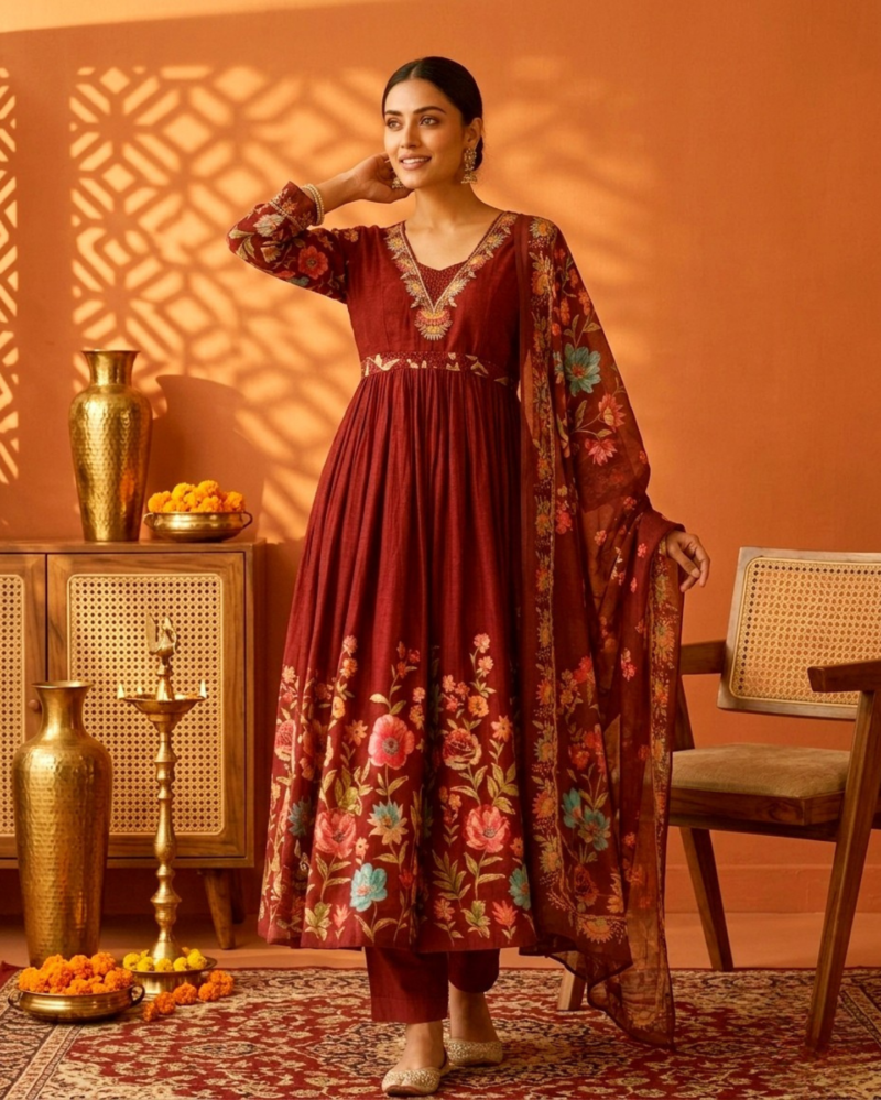 wine maroon cotton mix kurta pant set with dupatta