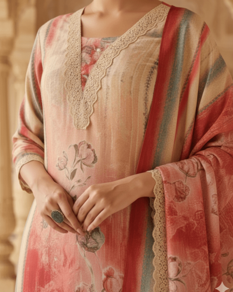 pastel peach cotton mix kurta set with dupatta