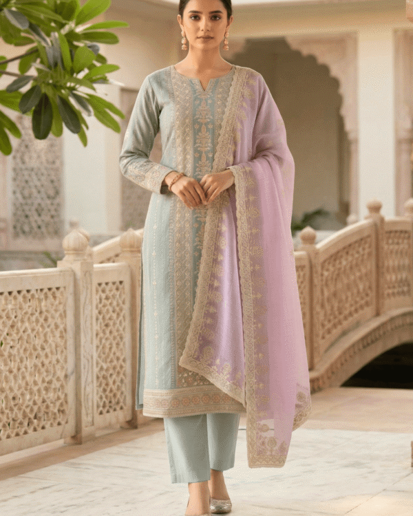 unstitched blush pink organza suit with ivory gold floral embroidery suit material