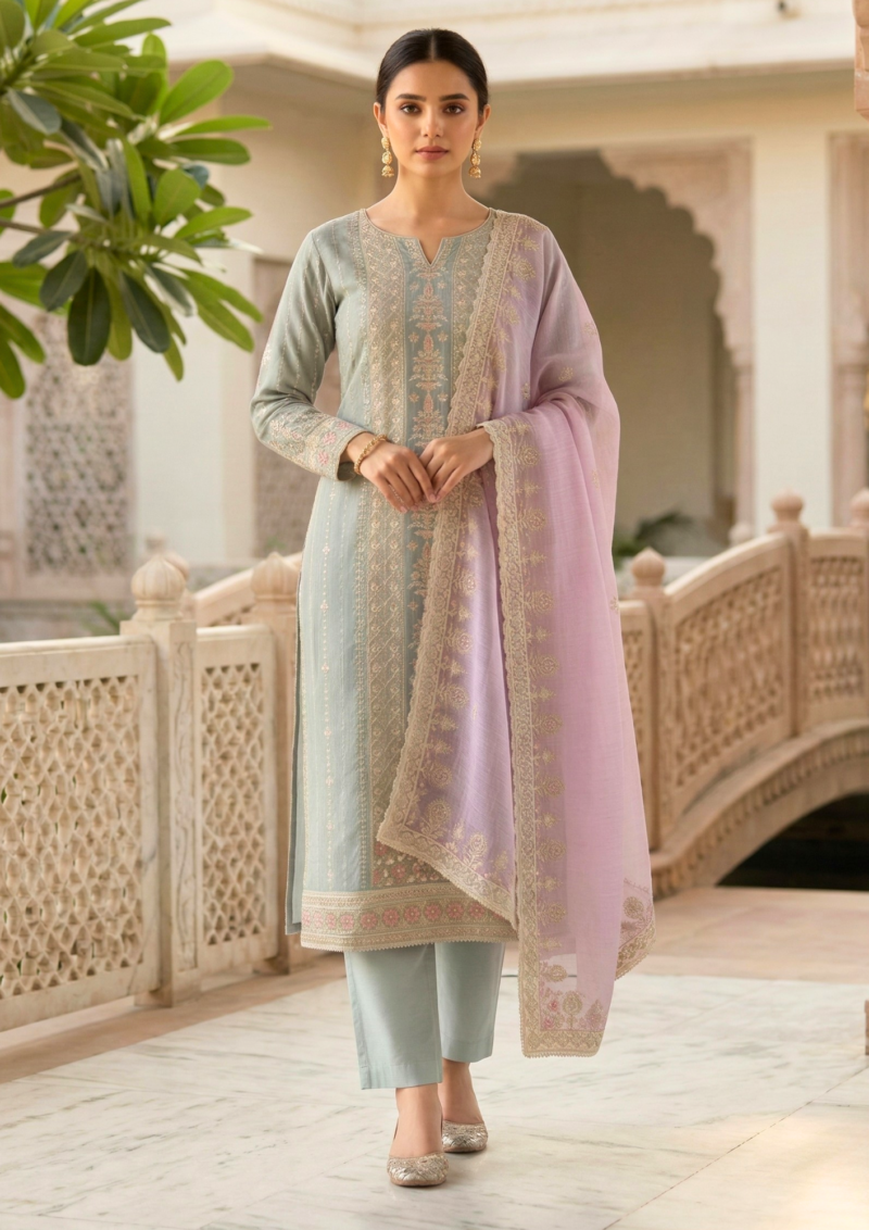 unstitched blush pink organza suit with ivory gold floral embroidery suit material