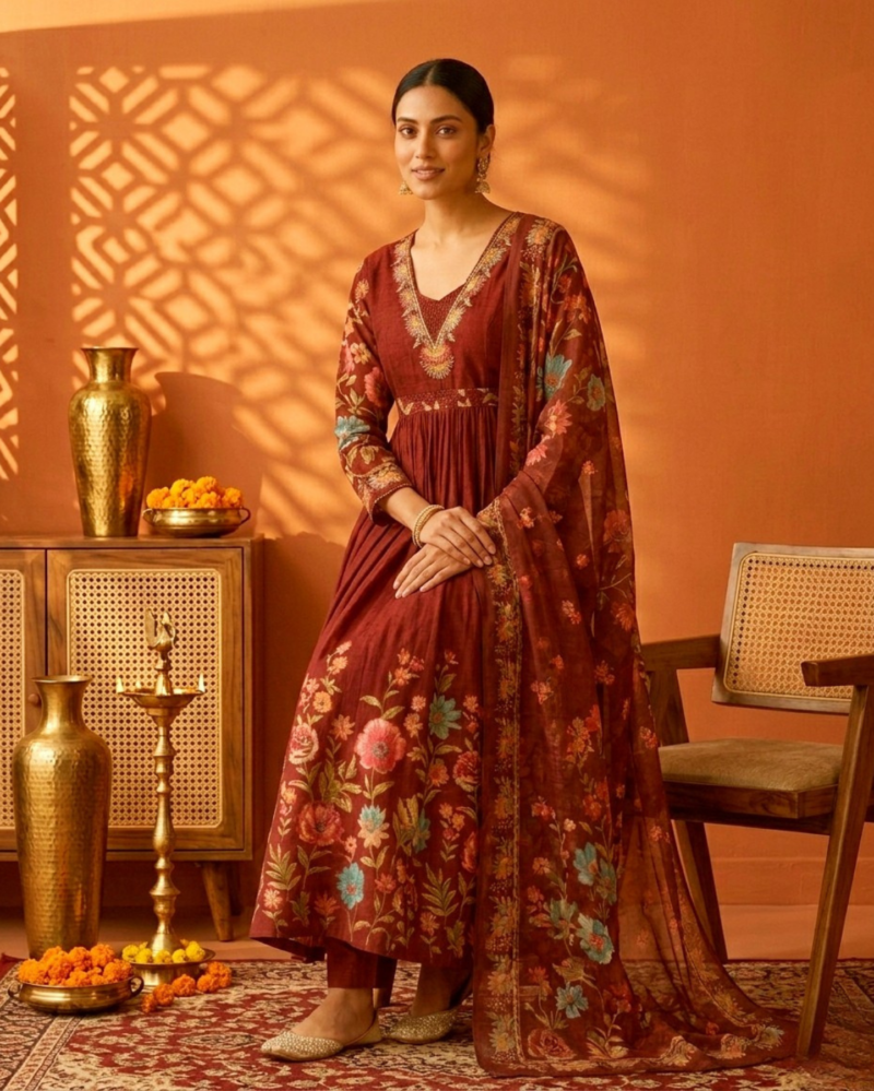 wine maroon cotton mix kurta pant set with dupatta