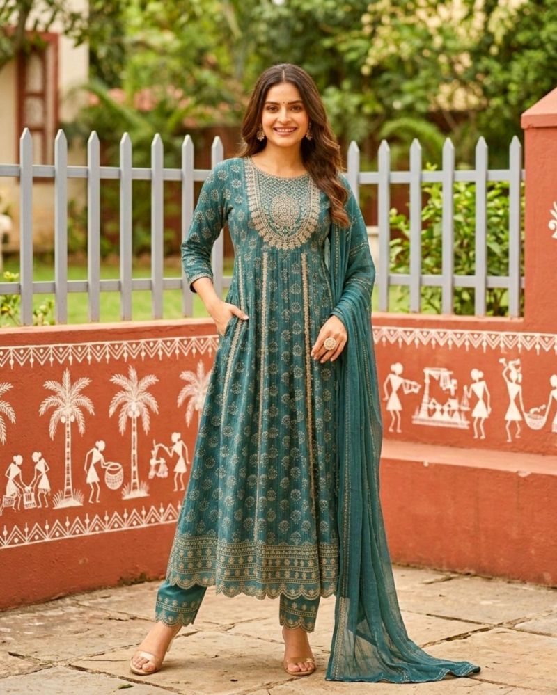 teal floral cotton kurta set with printed straight trousers with dupatta