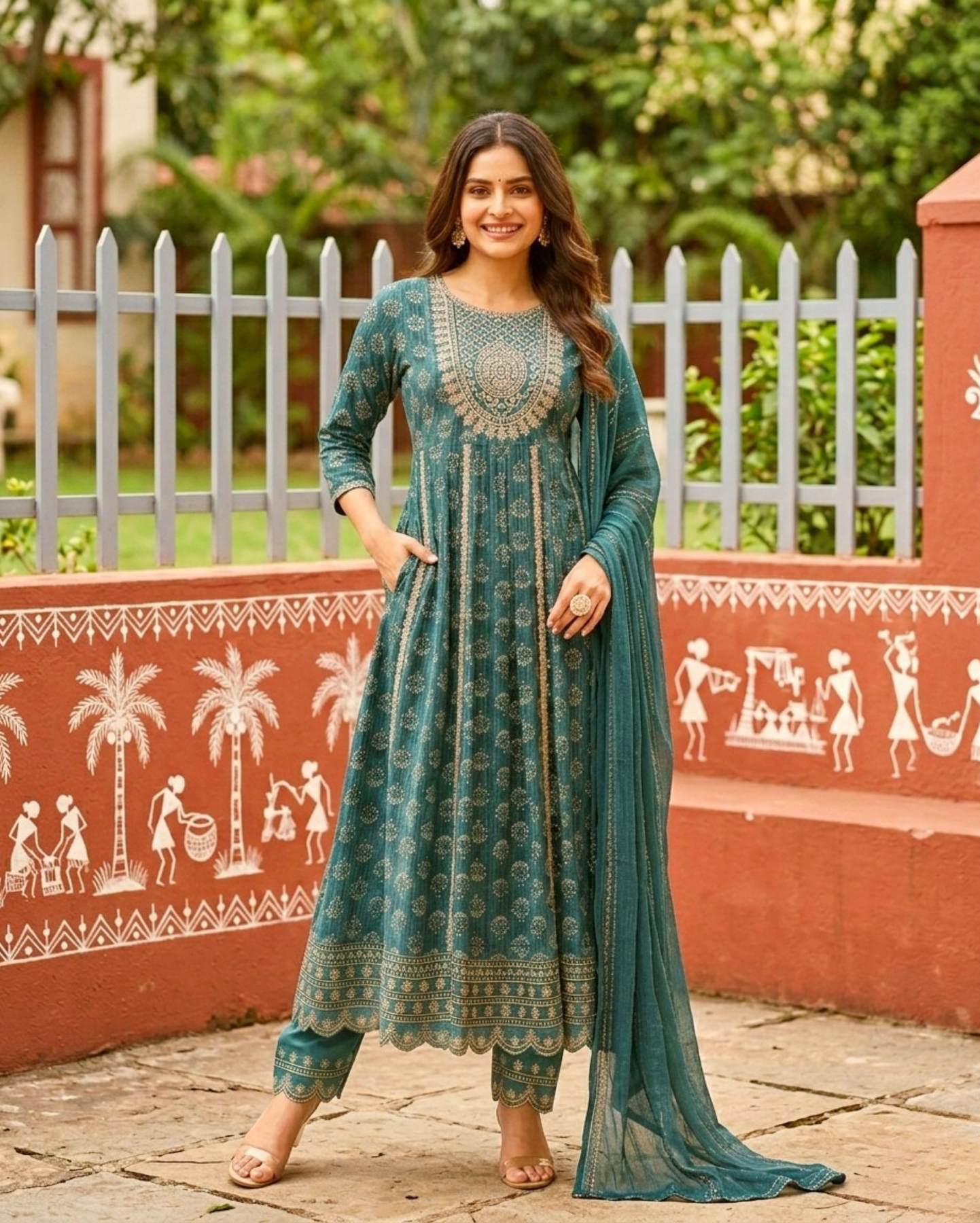 teal floral cotton kurta set with printed straight trousers with dupatta