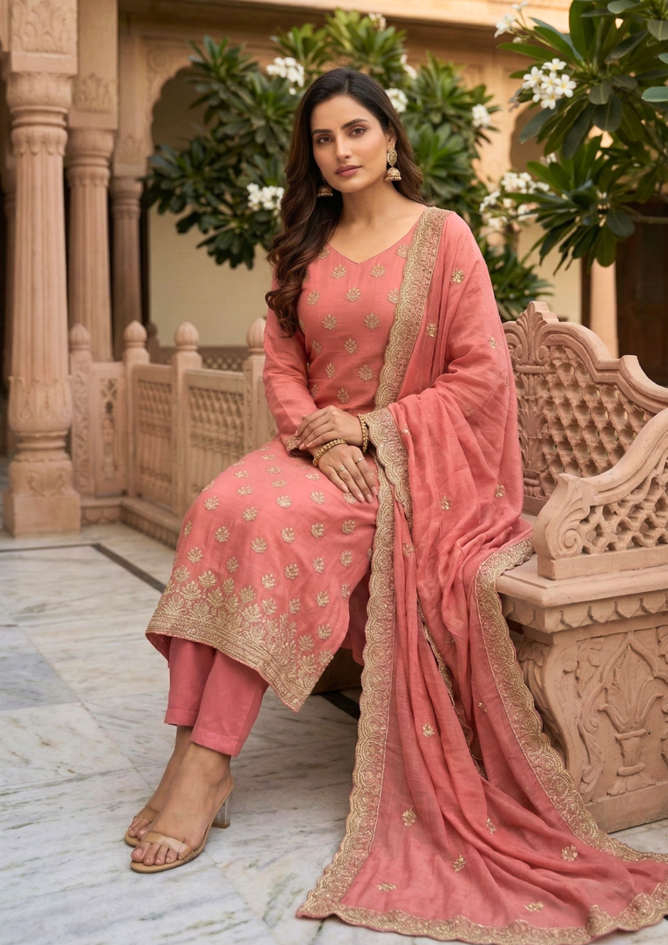 unstitched dusty rose shimmer silk blend embroidered suit material