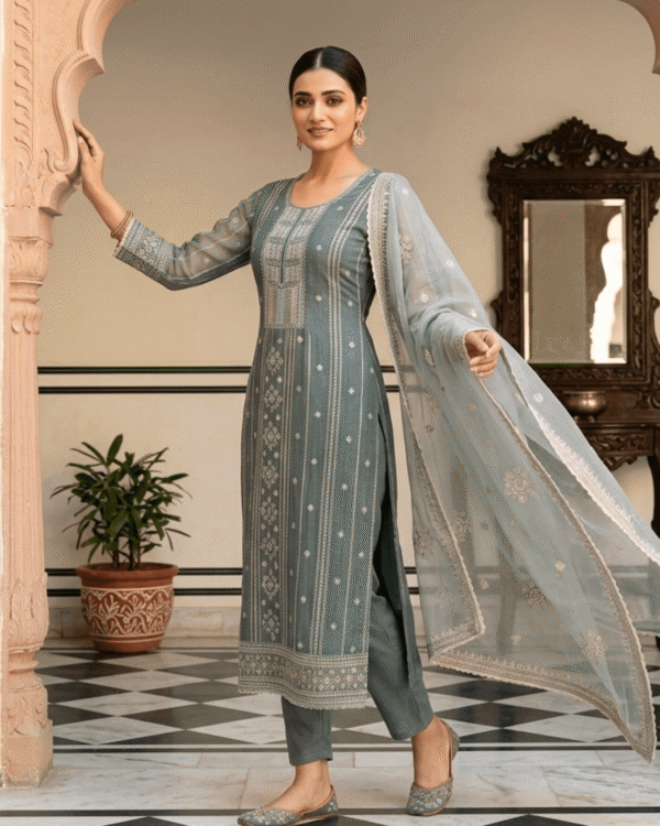 unstitched soft sage green organza with fine shimmer and intricate ivory threadwork suit material