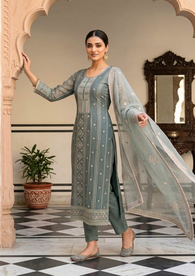 unstitched soft sage green organza with fine shimmer and intricate ivory threadwork suit material