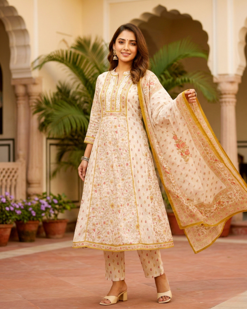 white cotton floral suit set with yellow and pink accents paired with dupatta