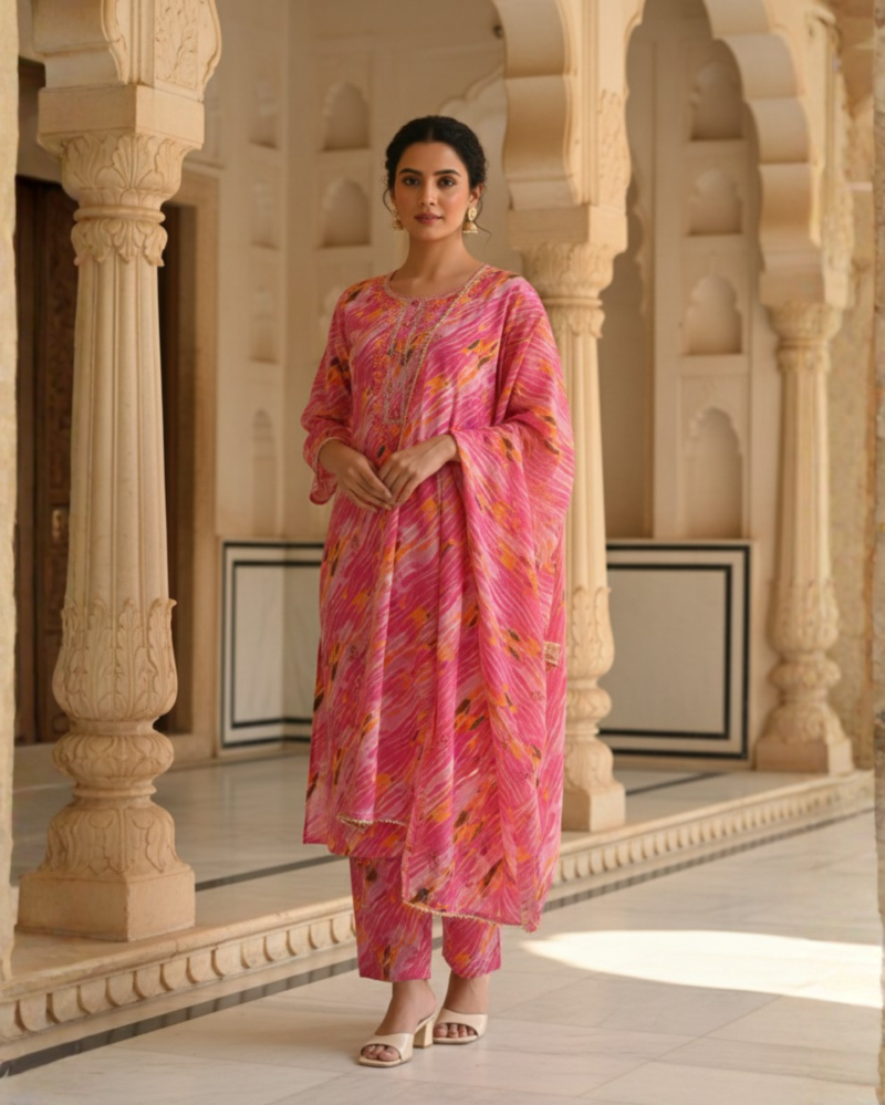 pink leheriya pattern cotton suit set with dupatta