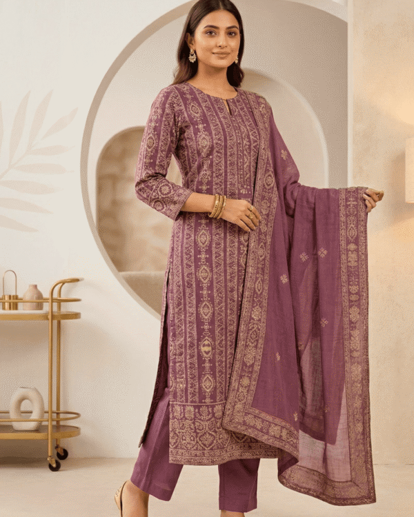 unstitched dusty mauve purple viscose georgette fabric adorned with delicate ivory thread embroidered suit material