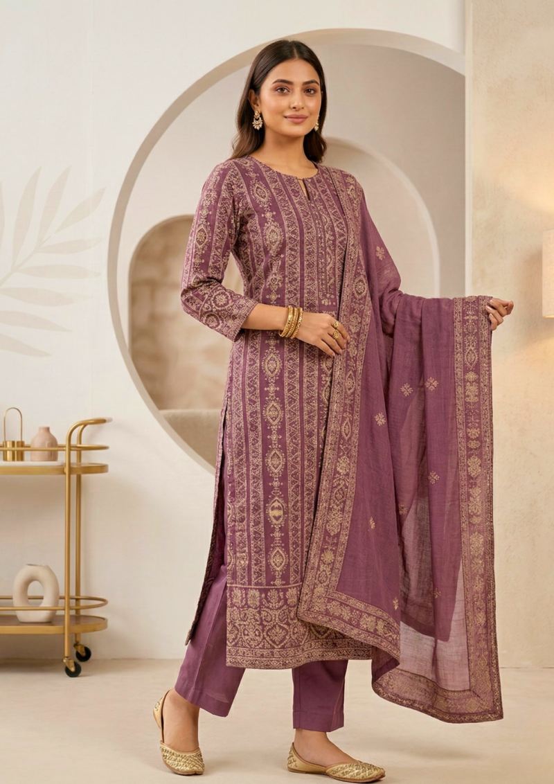 unstitched dusty mauve purple viscose georgette fabric adorned with delicate ivory thread embroidered suit material