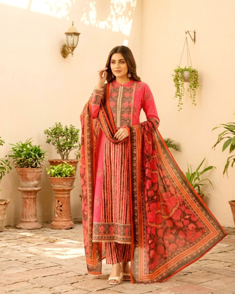vibrant pink cotton floral printed suit set paired with bagru printed lightweight dupatta