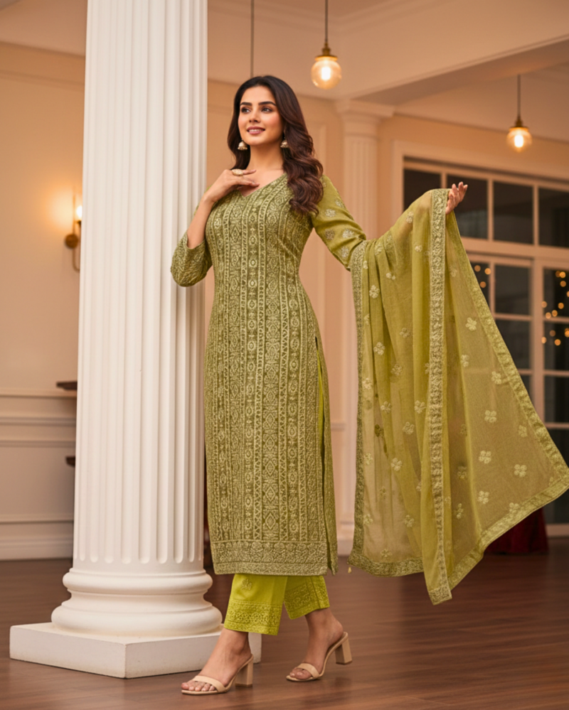 unstitched dusty teal green viscose georgette fabric adorned with delicate ivory thread embroidered suit material