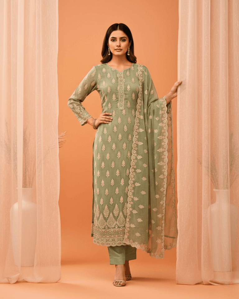 semi stitched sea green soft georgette suit with ivory sequin tree motifs