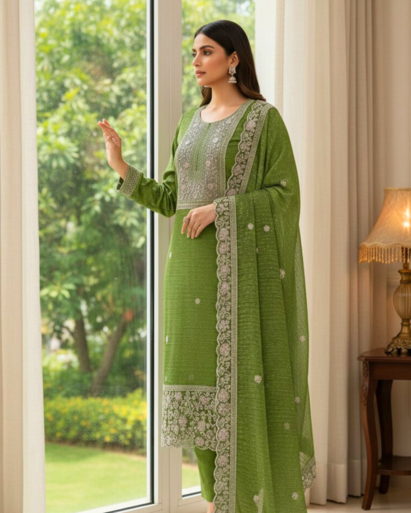 semi stitched plum purple organza suit featuring fine zari and sequin embroidery