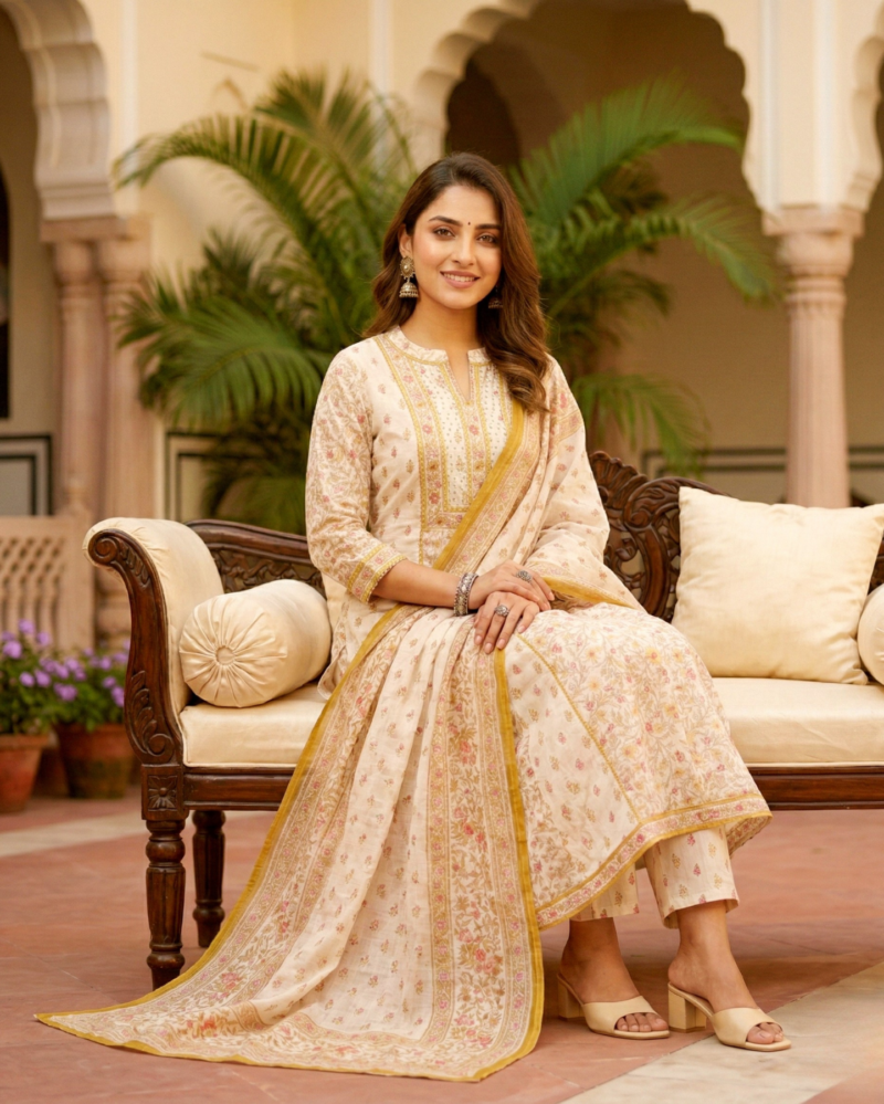 white cotton floral suit set with yellow and pink accents paired with dupatta