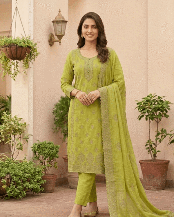 semi stitched glossy olive silk rayon with intricate zari embroidery suit material