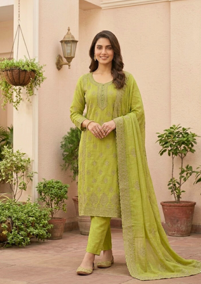 semi stitched glossy olive silk rayon with intricate zari embroidery suit material 