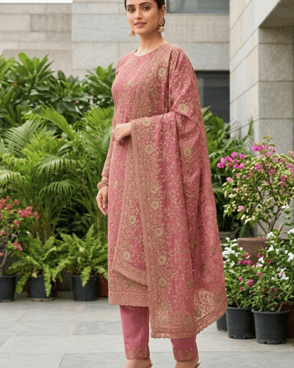 unstitched pink tissue with embroidery suit material