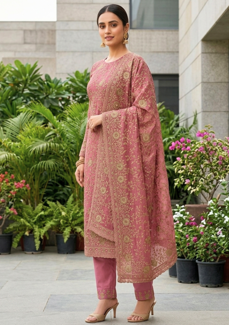 unstitched pink tissue with embroidery suit material