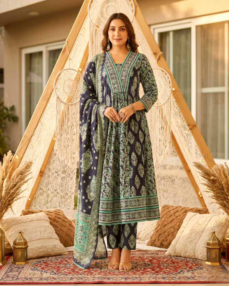 navy blue sangneri print cotton lawn suit set with a coordinated dupatta