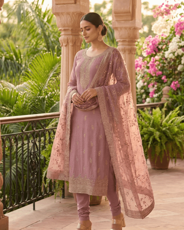 semi stitched dusty mauve chiffon suit with delicate golden thread and sequin embroidery