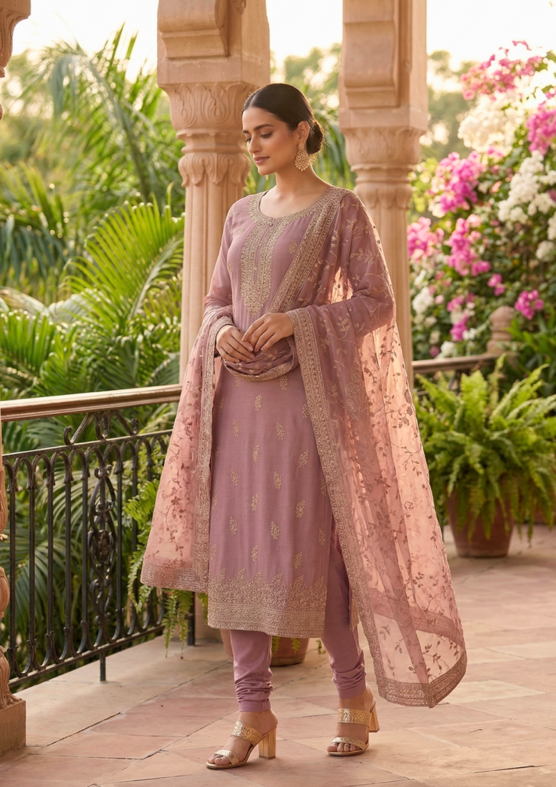 semi stitched dusty mauve chiffon suit with delicate golden thread and sequin embroidery