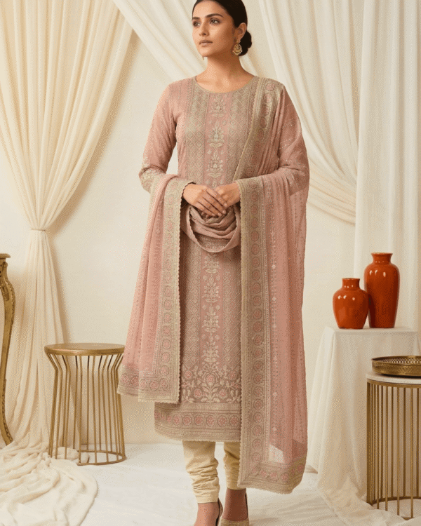 unstitched soft blush pink organza with intricate ivory and gold threadwork embroidery suit material