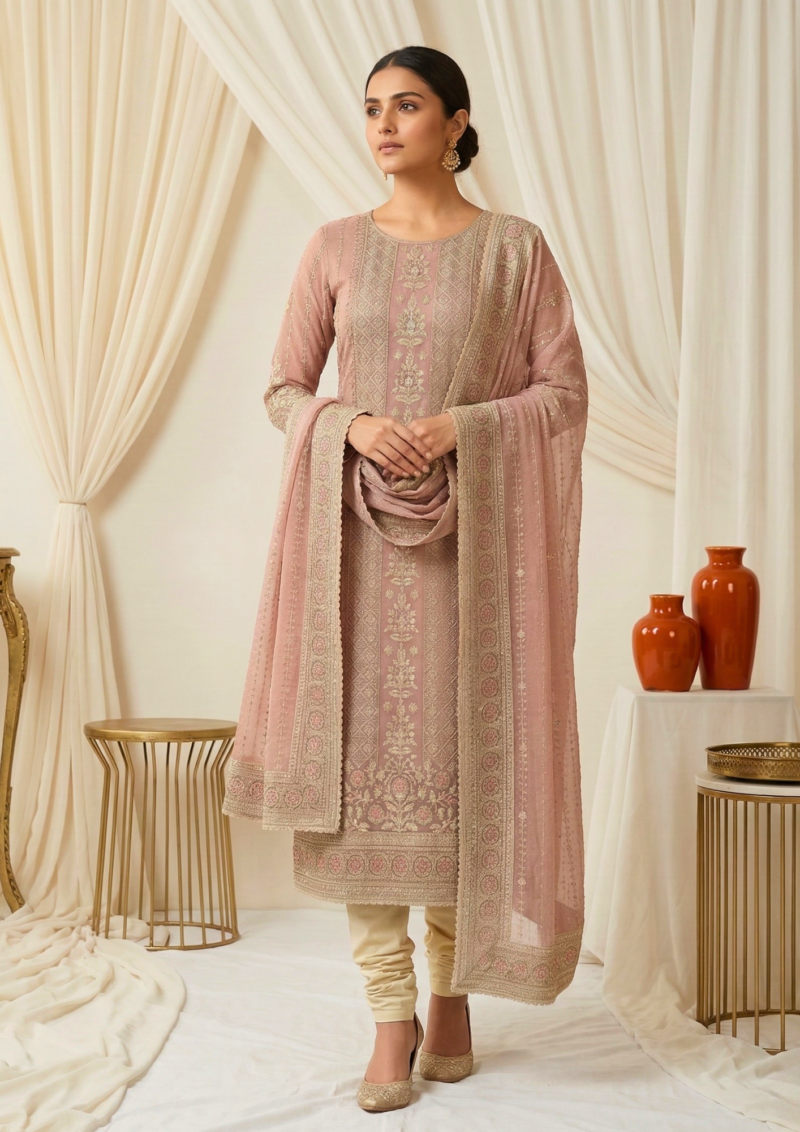 unstitched soft blush pink organza with intricate ivory and gold threadwork embroidery suit material