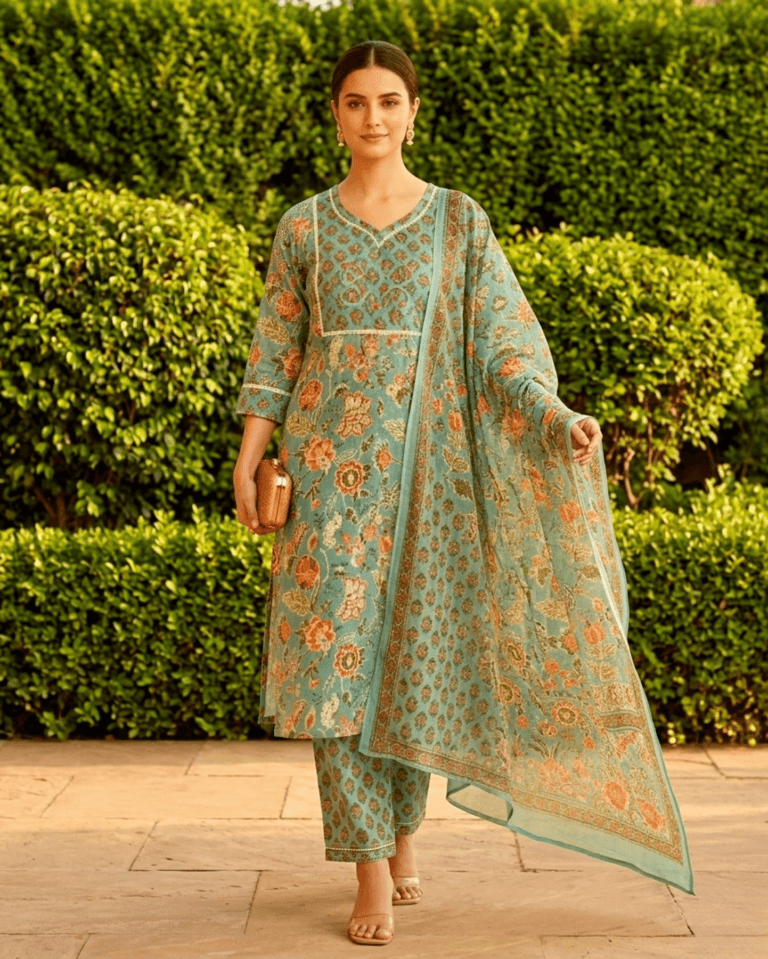 floral sea green cotton kurta with patterned straight trouser paired with dupatta