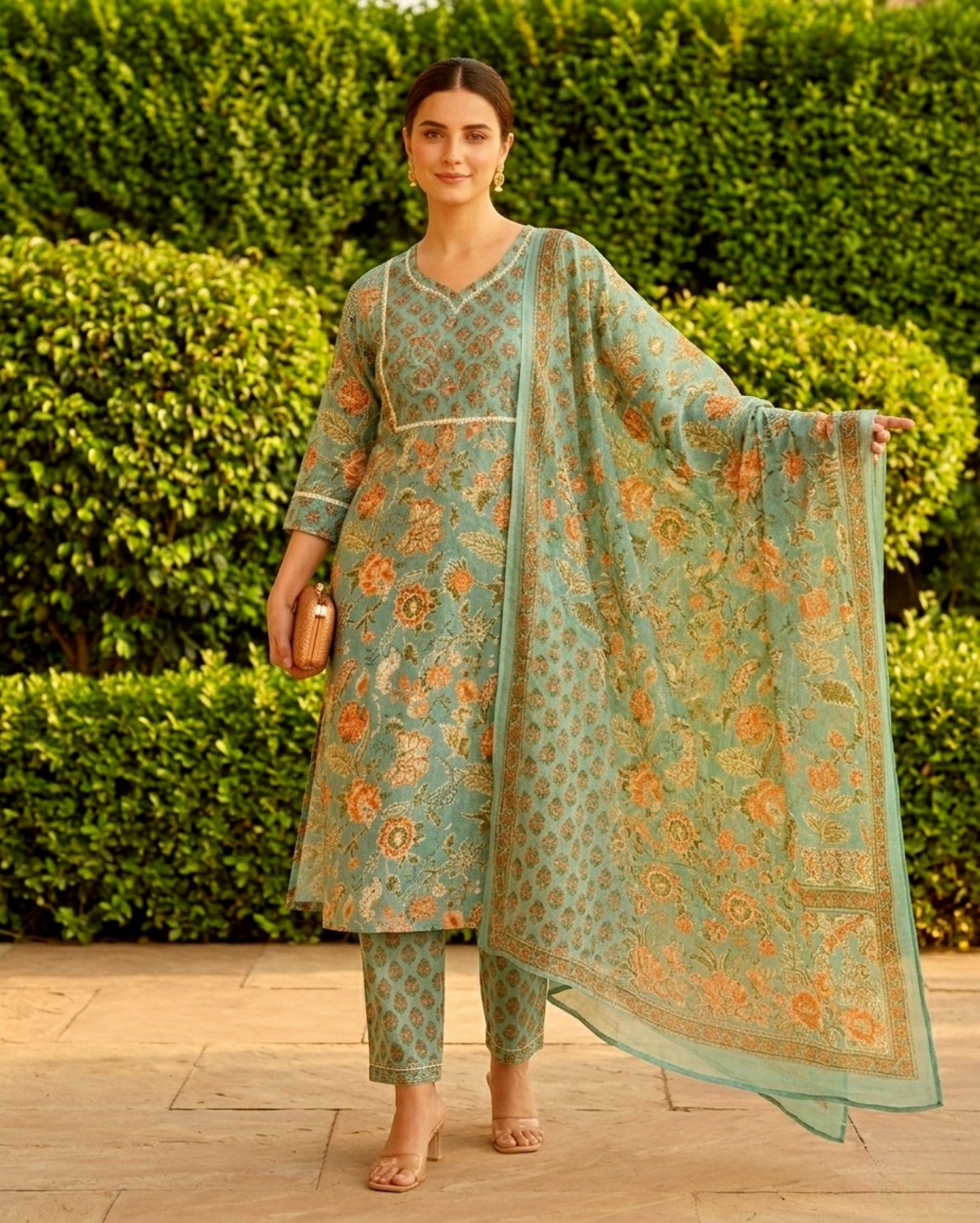 floral sea green cotton kurta with patterned straight trouser paired with dupatta