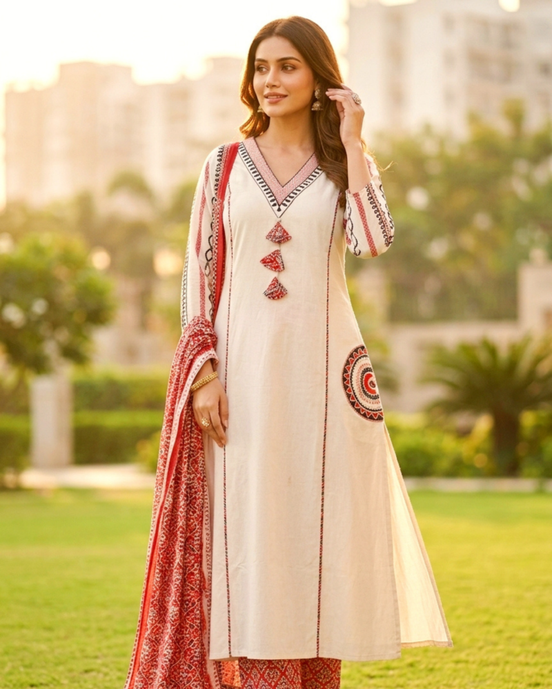 ivory white cotton kurta set featuring applique pocket with kalamkari dupatta