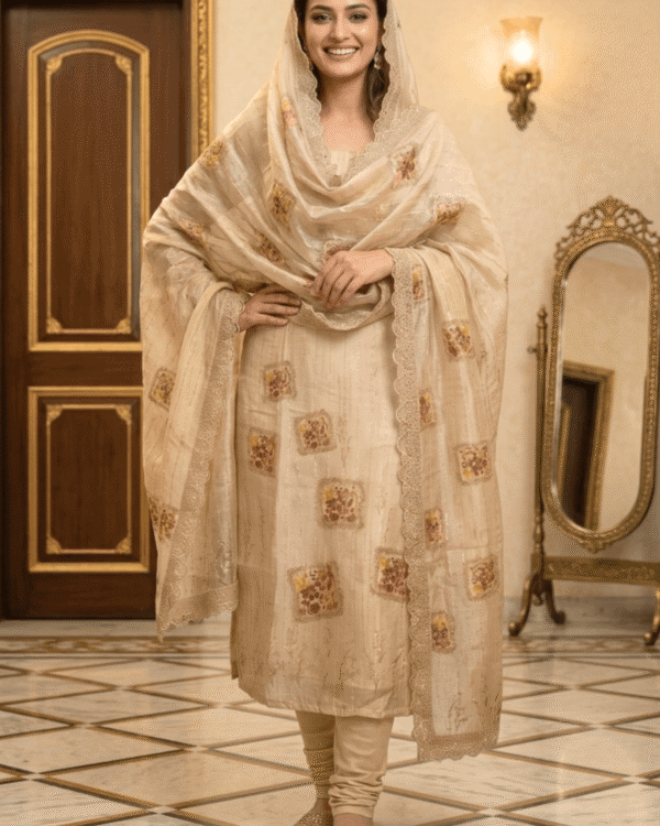semi stitched mauve lilac chiffon suit with heavy floral sequin border detailing