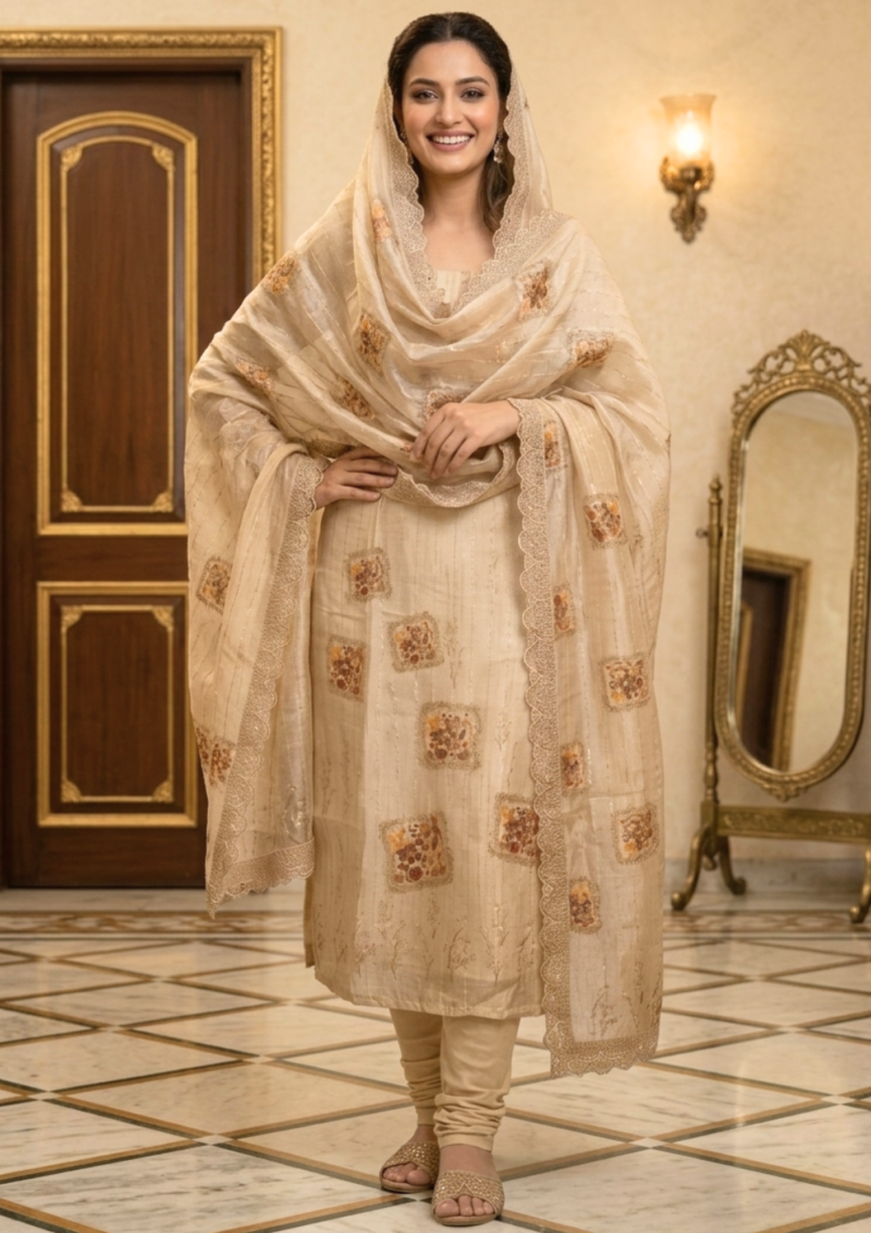 semi stitched mauve lilac chiffon suit with heavy floral sequin border detailing