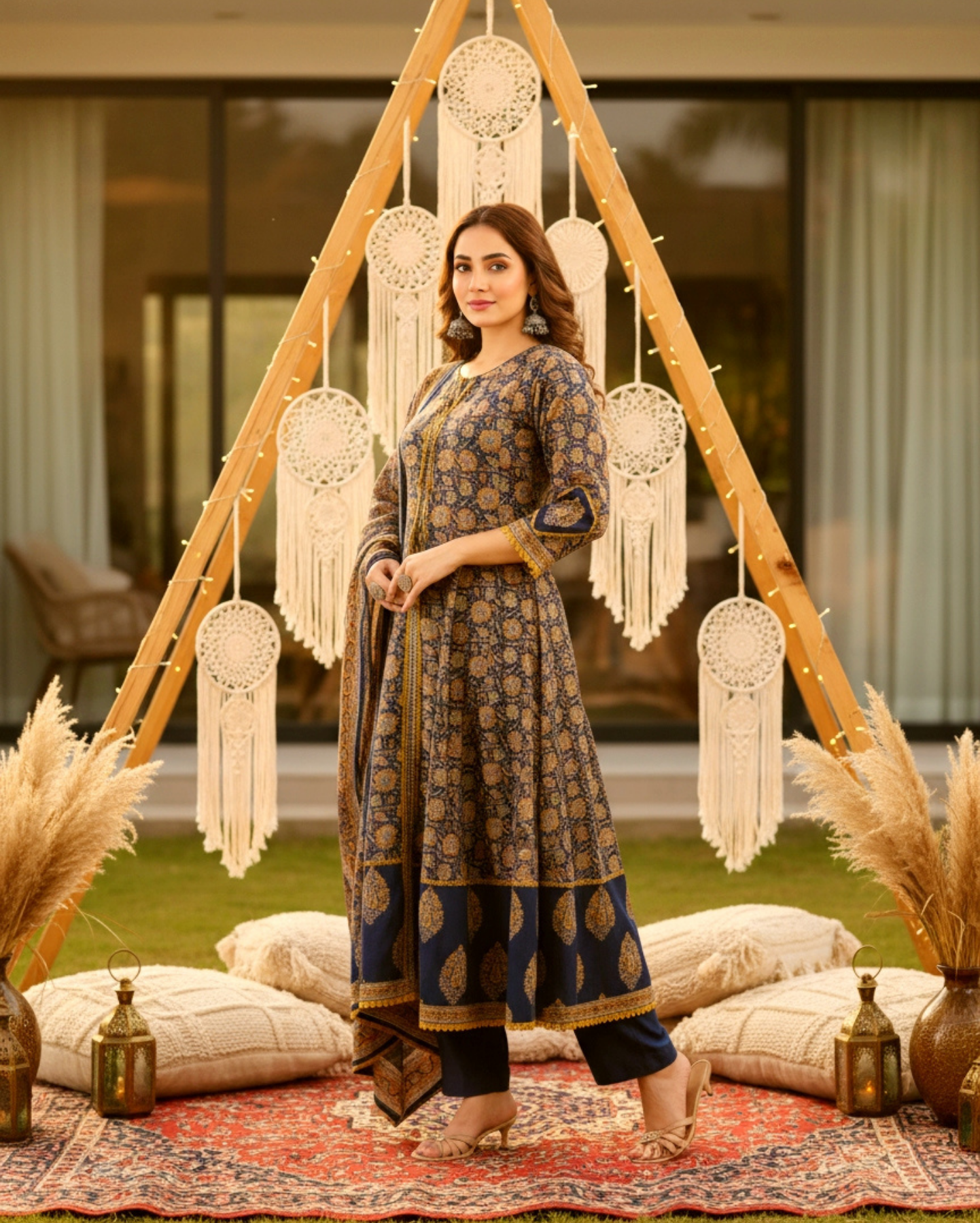 navy and mustard floral handblock sangneri cotton kurta set with lightweight dupatta