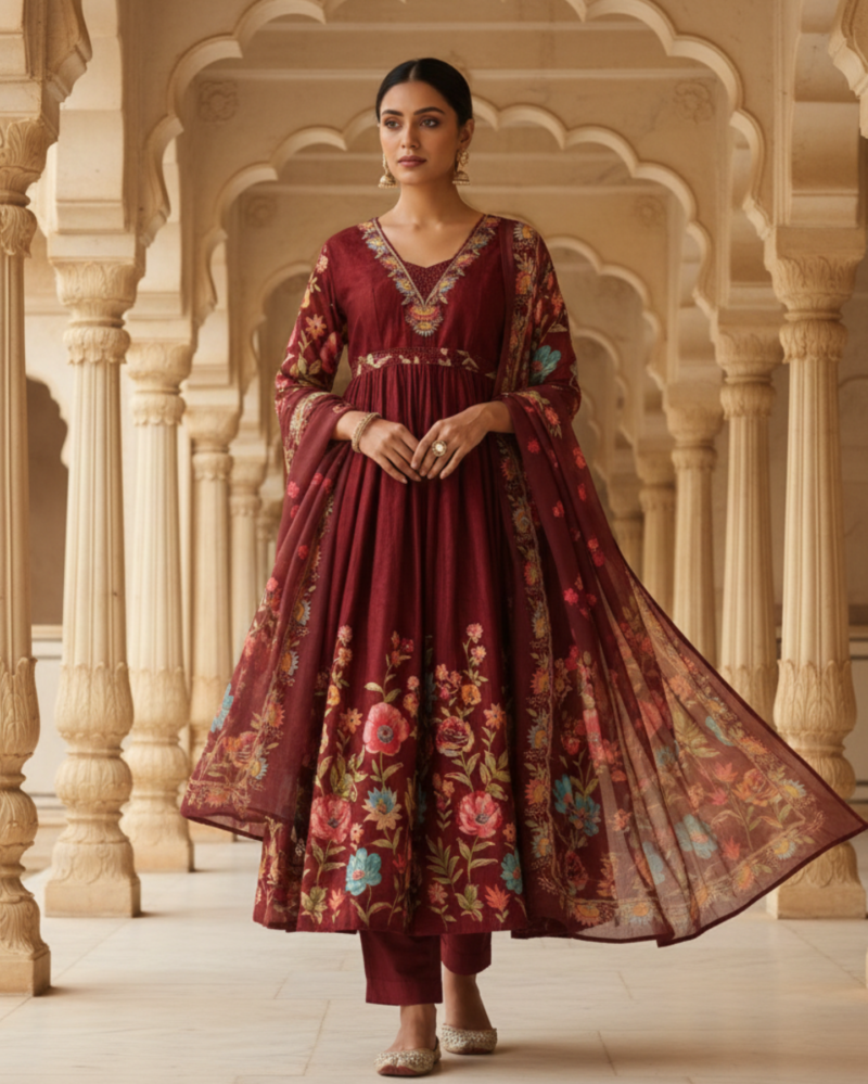 wine maroon cotton mix kurta pant set with dupatta