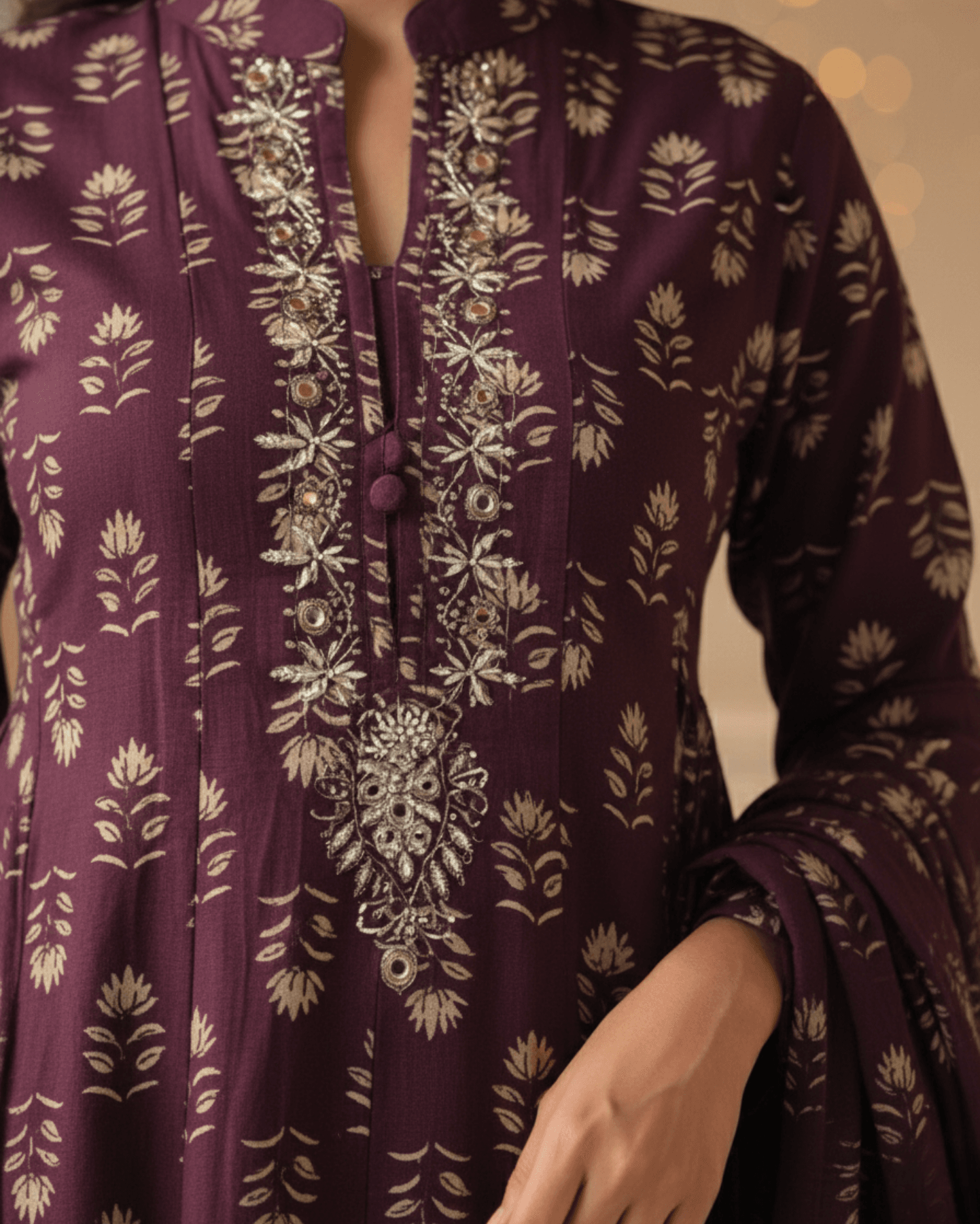 deep purple cotton handblock sangneri style anarkali kurta set with dupatta