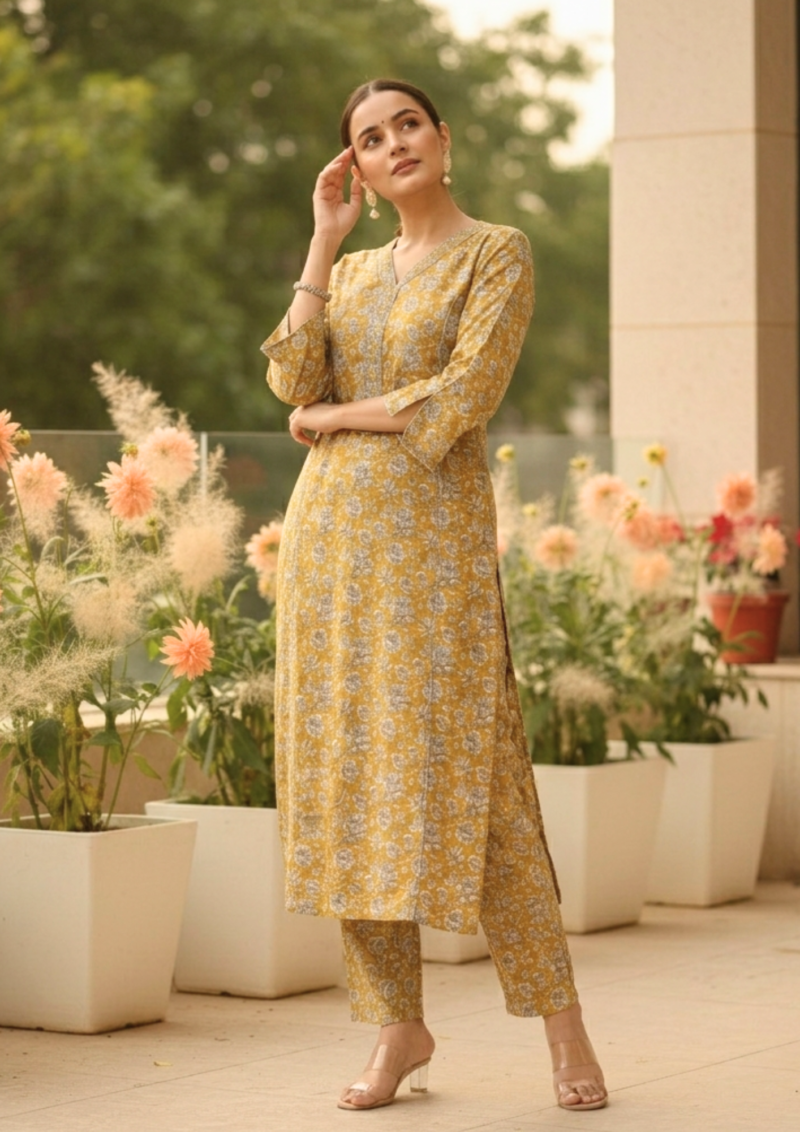 ivory with pink florals cotton kurta