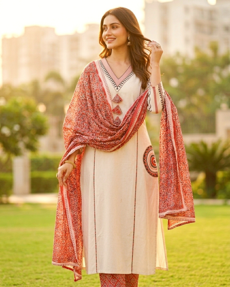 ivory white cotton kurta set featuring applique pocket with kalamkari dupatta