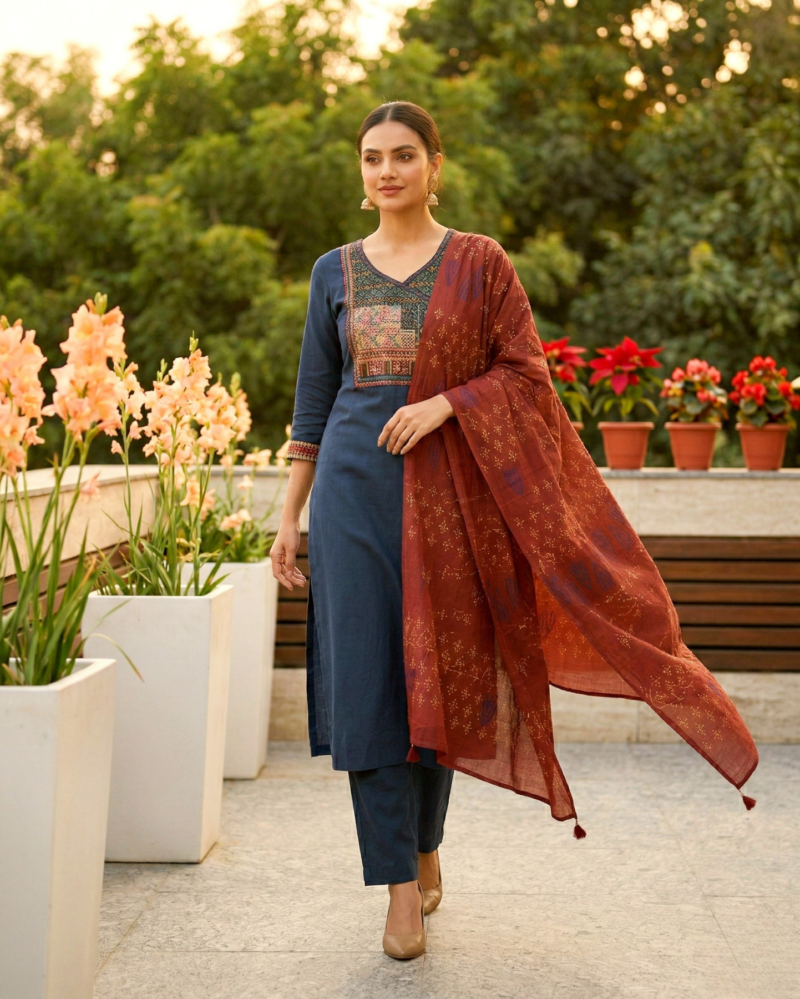 navy blue cotton katha kurta with applique yoke and trousers paired with bagru print dupatta