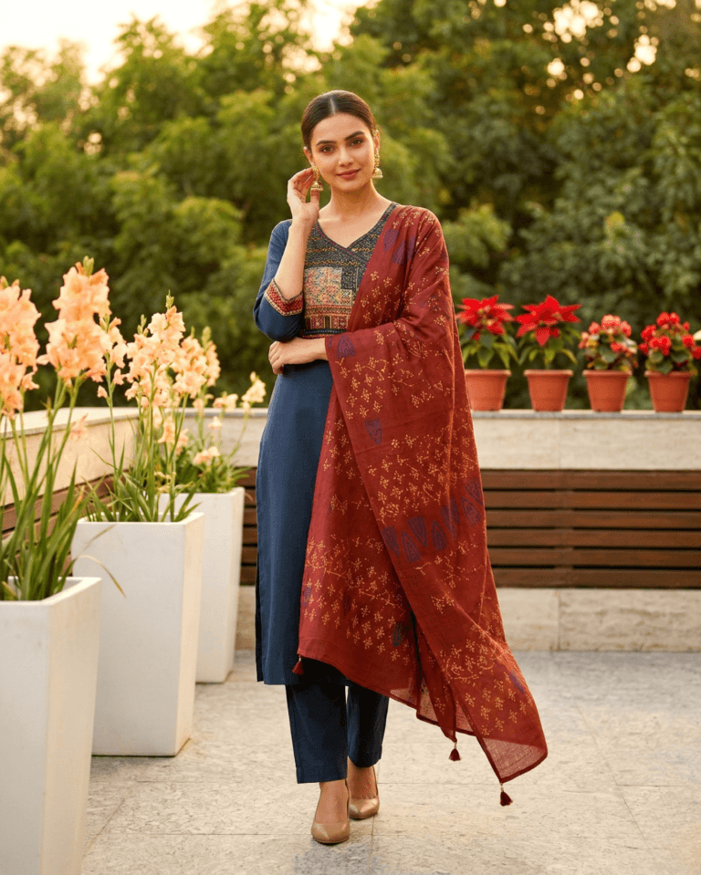 navy blue cotton katha kurta with applique yoke and trousers paired with bagru print dupatta