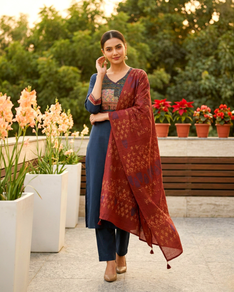 navy blue cotton katha kurta with applique yoke and trousers paired with bagru print dupatta