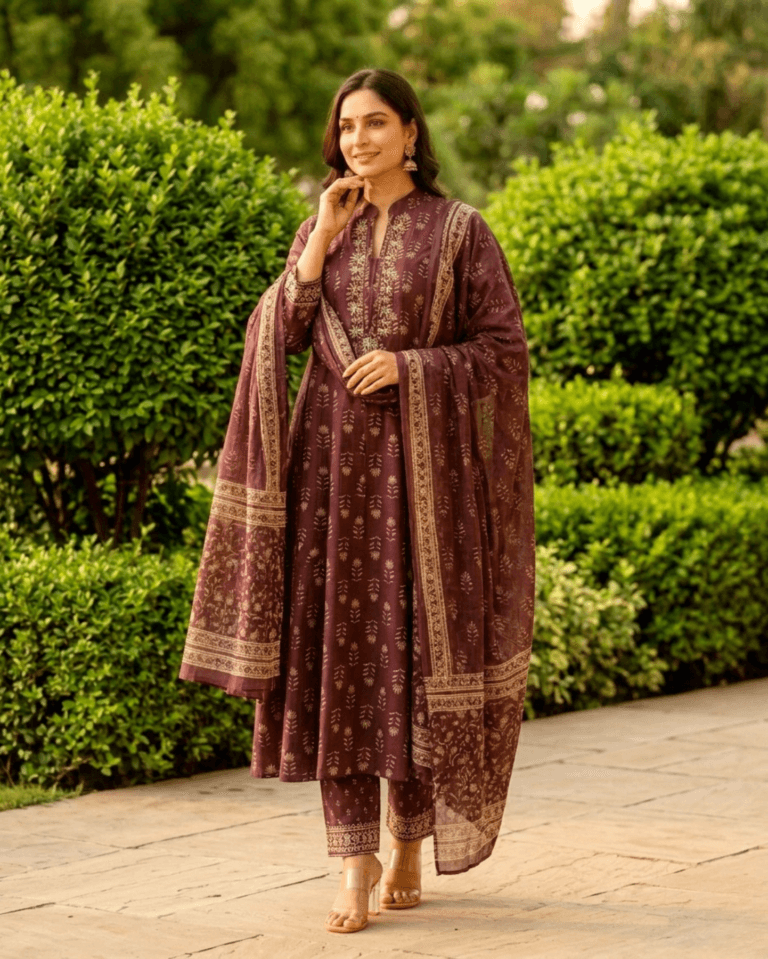 deep purple cotton handblock sangneri style anarkali kurta set with dupatta