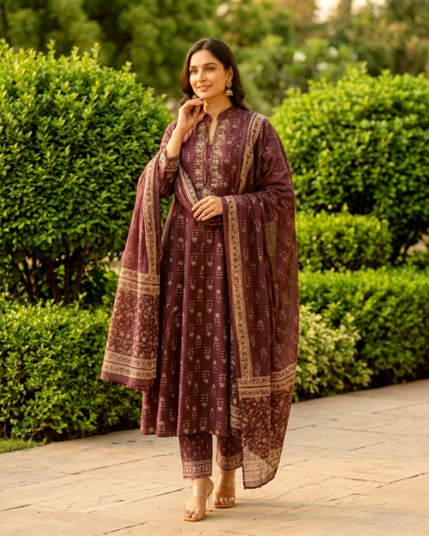 deep purple cotton handblock sangneri style anarkali kurta set with dupatta